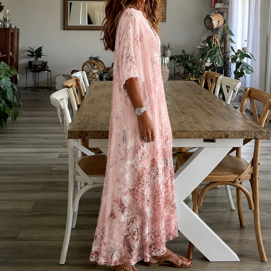Elegant women's half-sleeve split neck floral maxi gown, a comfortable & stylish choice for summer days.