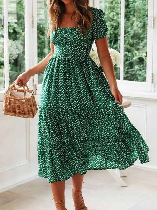 Women's floral meadow maxi dress, smocked bodice, flowy skirt, puff sleeves. Ideal for summer casual & vacation.