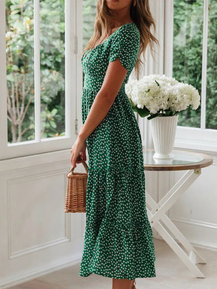 Vintage-style smocked floral maxi dress for women. Flowy, puff sleeves, perfect for beach, summer, or vacation.