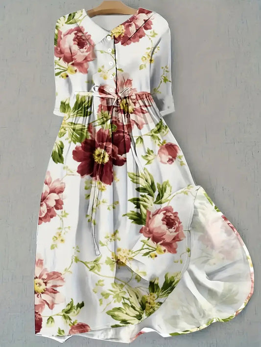 Women's floral midi summer dress with short sleeves, elegant, comfortable, & versatile for any casual occasion.