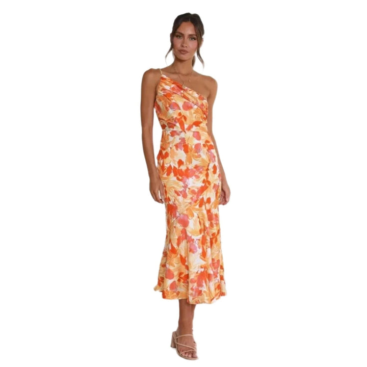 Women's Floral One-Shoulder Midi Wedding Guest Dress with elegant bias cut & fluted hem.