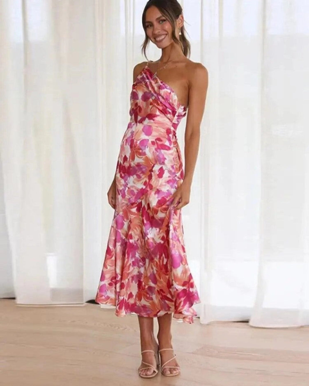 Elegant women's floral one-shoulder midi dress, a sophisticated choice for weddings & formal events.