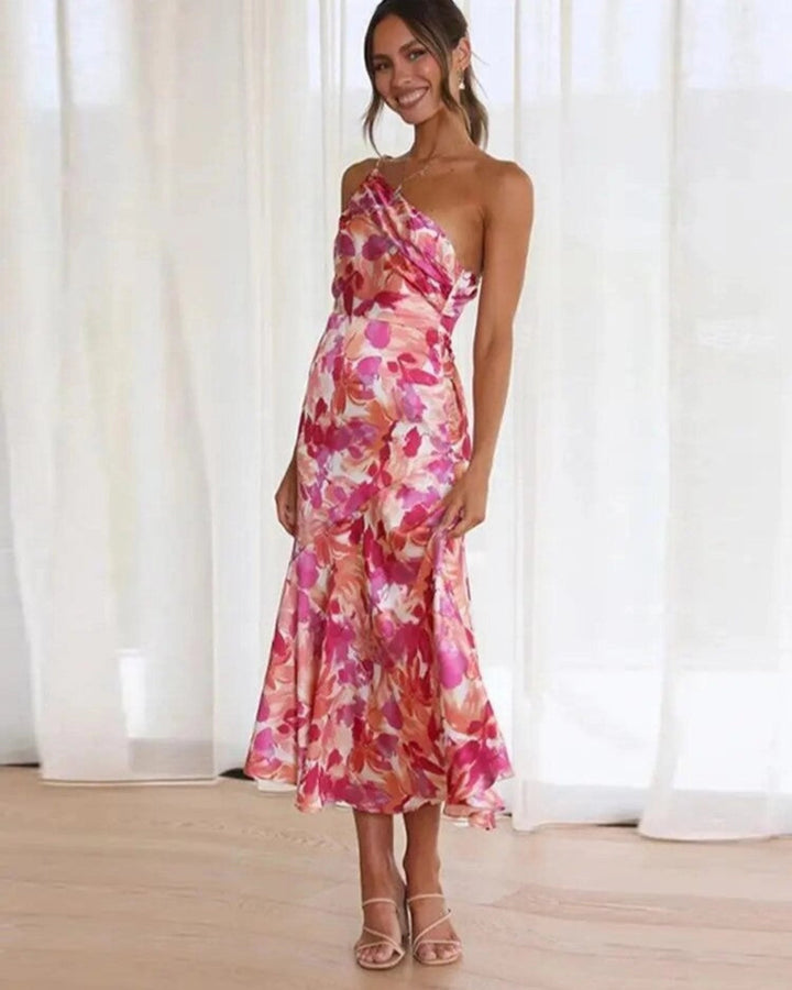Elegant women's floral one-shoulder midi dress, a sophisticated choice for weddings & formal events.
