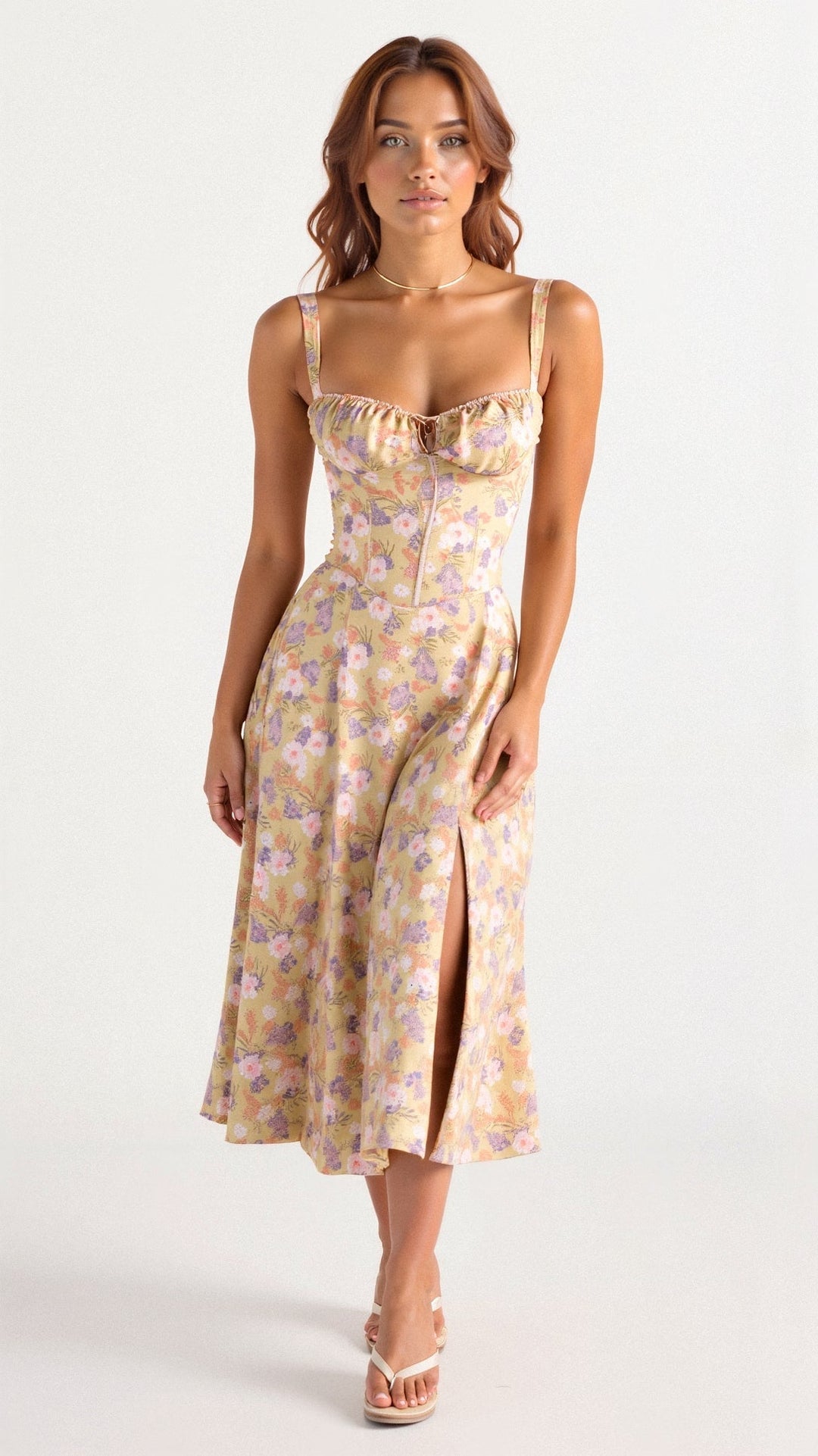 Women's floral print corset midi dress with elegant slit, perfect for parties & summer evenings.
