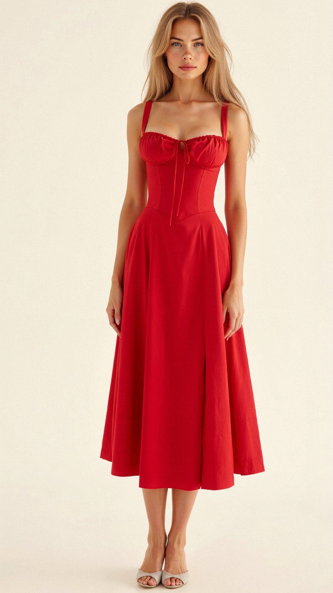 Feminine floral print women's midi dress, corset detail, and a chic high slit, elegant and charming.