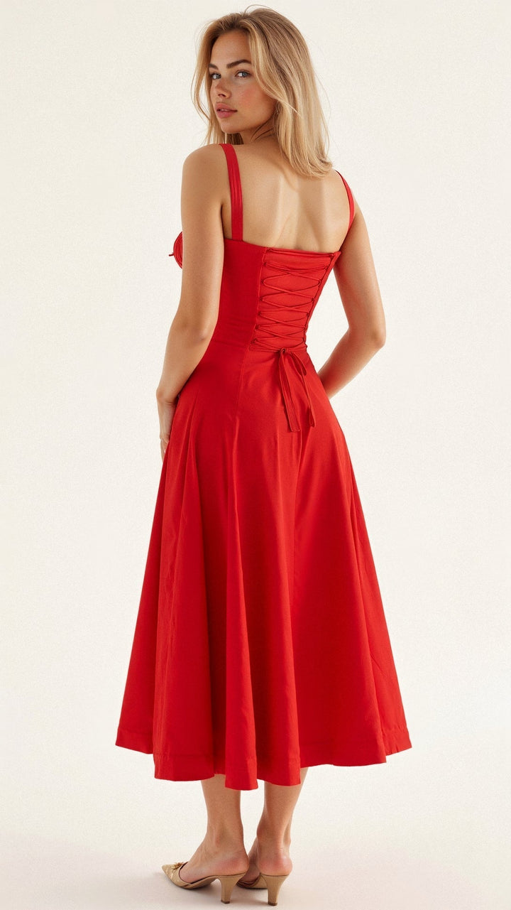Vibrant floral midi dress for women, featuring a flattering corset top and an elegant side slit.