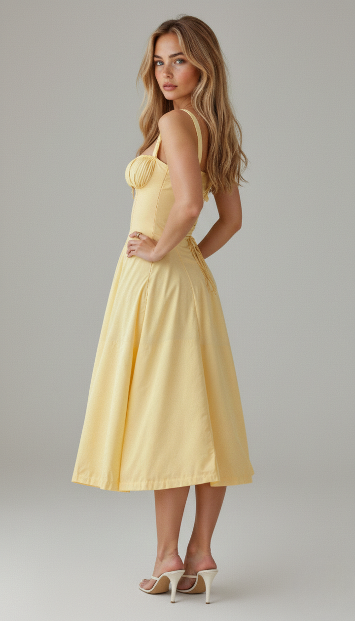 Strappy floral corset midi dress for women, with an attractive slit, ideal for evening wear.