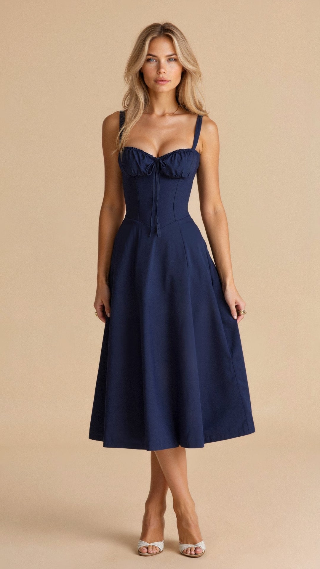 Sophisticated women's floral midi dress, corset top, and an alluring slit, perfect for formal outings.