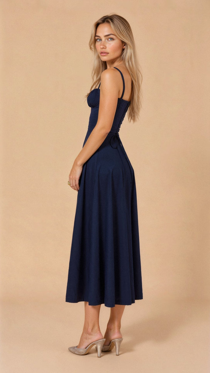 Women's floral strappy midi dress, corset bodice, elegant slit for parties, summer, and evening wear.