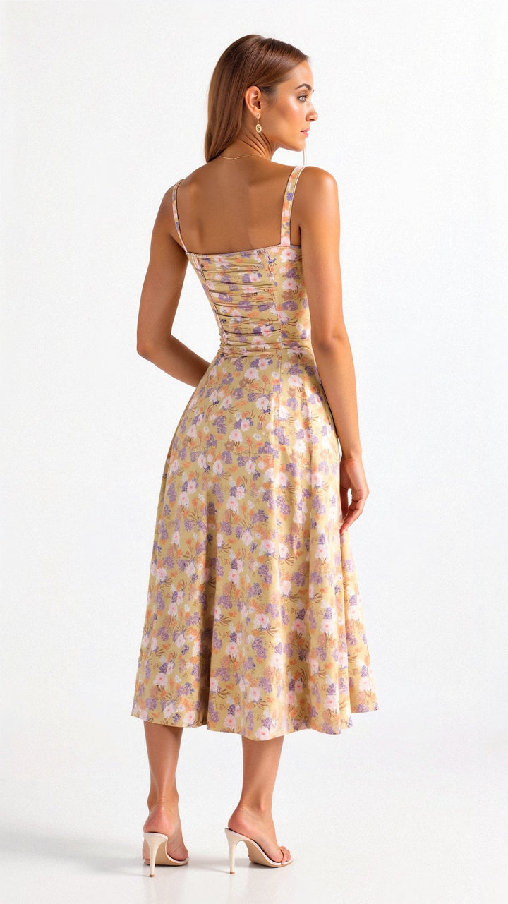Elegant women's strappy midi dress, floral print, corset bodice, and stylish high slit.