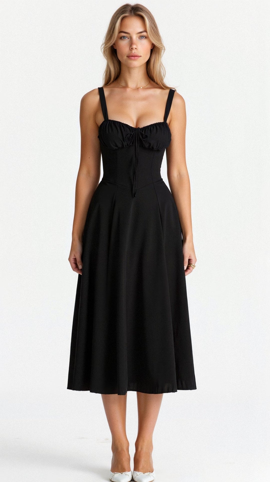 Feminine floral midi dress, corset style, ideal for summer parties, formal wear, and evening events.