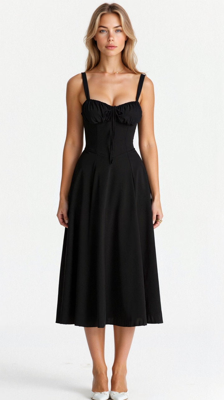 Feminine floral midi dress, corset style, ideal for summer parties, formal wear, and evening events.