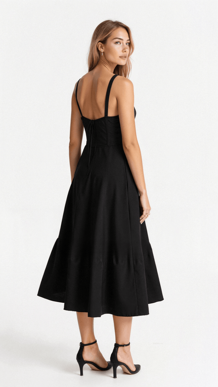 Chic women's midi dress featuring a vibrant floral pattern, corset top, and alluring leg slit.