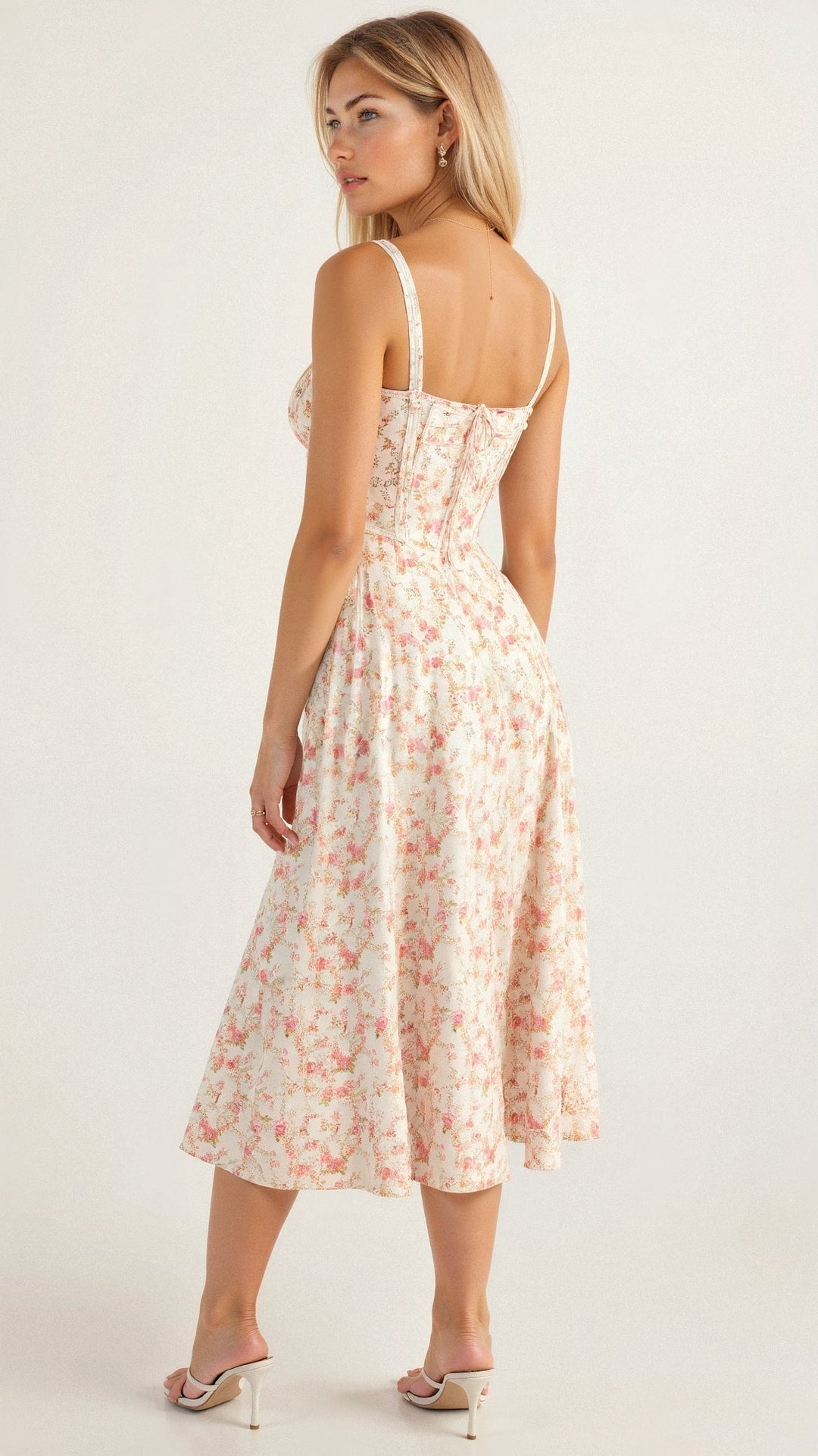 Fashionable women's corset midi dress, intricate floral print, and a sophisticated leg slit.