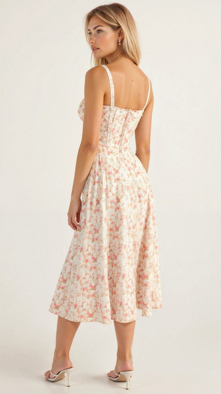 Fashionable women's corset midi dress, intricate floral print, and a sophisticated leg slit.