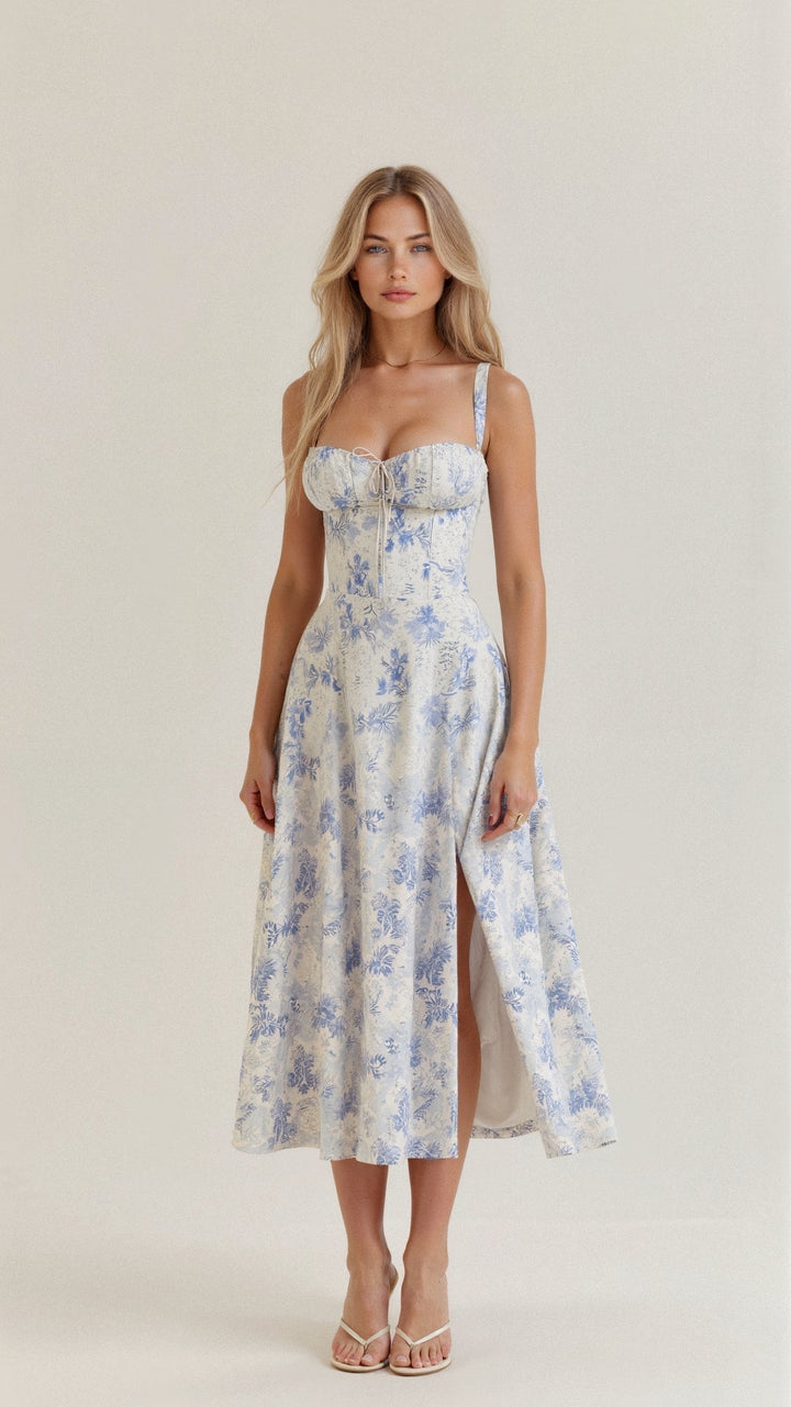 Strappy floral midi dress with a structured corset bodice and a graceful front slit for women.