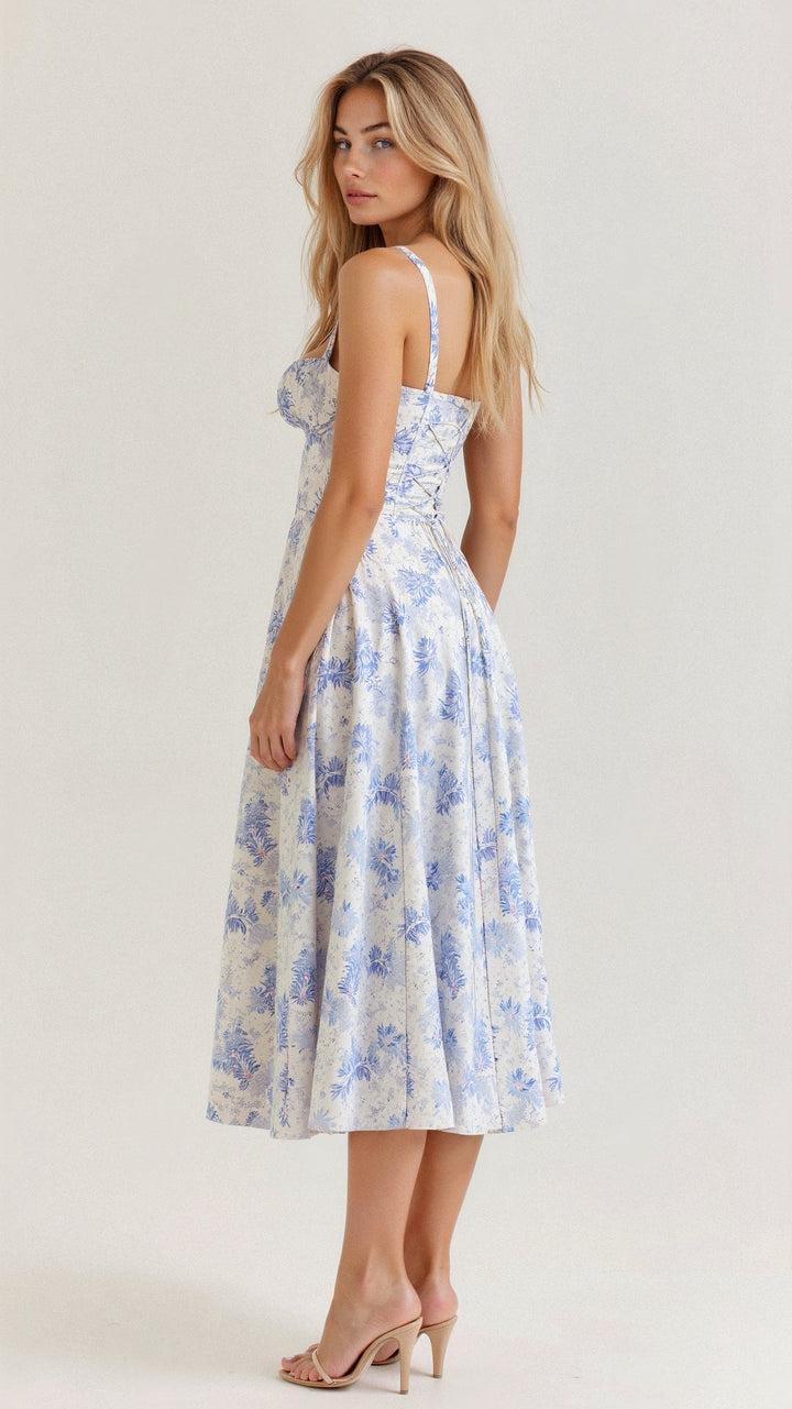 Perfect party dress for women: floral midi, corset silhouette, elegant slit, and feminine appeal.
