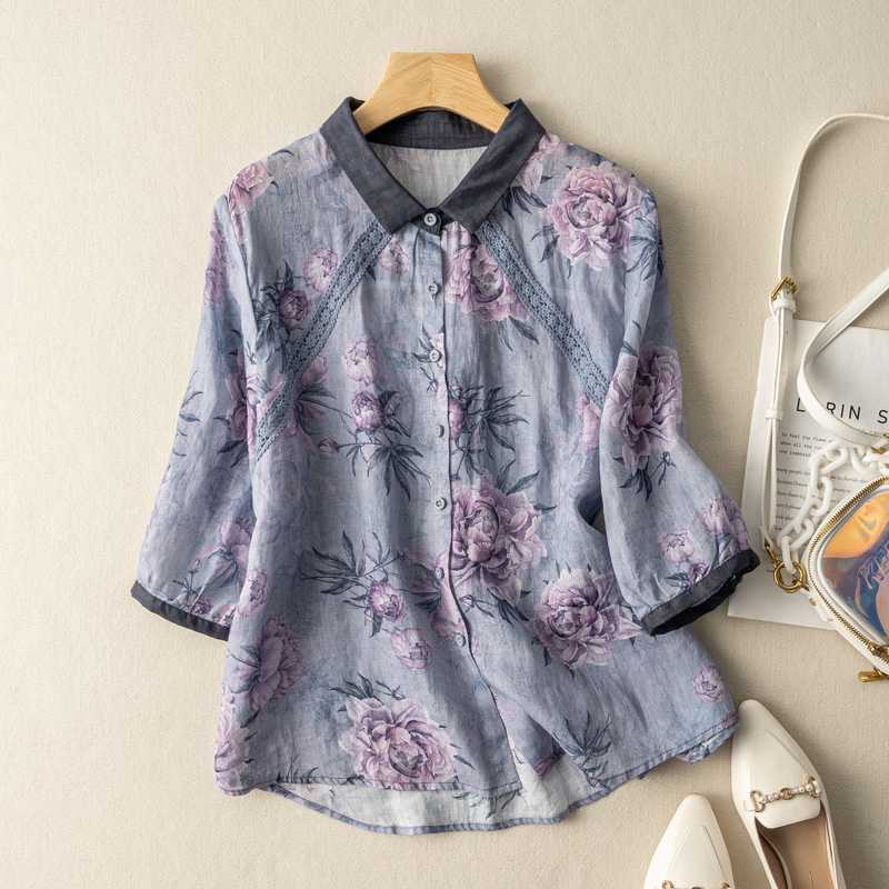 Women's floral print long-sleeve shirt with delicate lace details. Perfect casual elegant spring fashion.