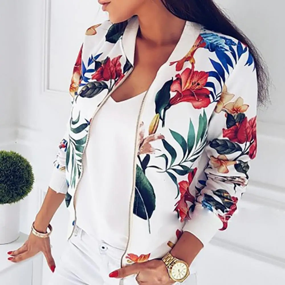 Casual elegant women's floral print long sleeve jacket. Lightweight summer outerwear for chic style.