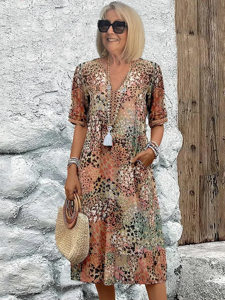 Versatile women's floral print midi dress, comfortable A-line style, great for casual spring & summer outfits.