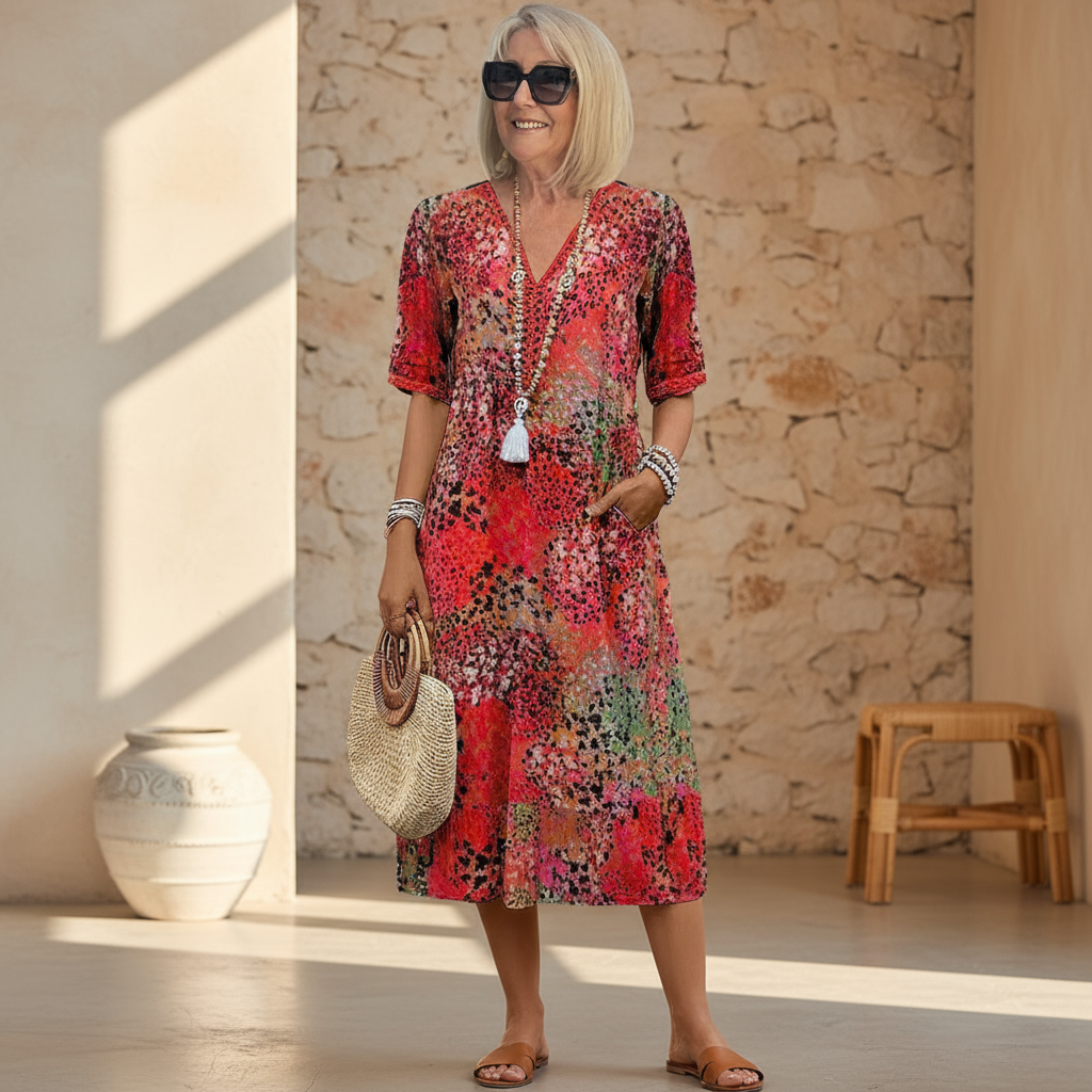 Stylish women's printed midi dress, V-neck A-line cut, showcasing a beautiful floral pattern for summer.