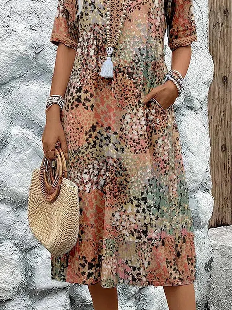 Women's A-line V-neck floral print midi dress, comfortable & stylish, a versatile piece for spring & summer fashion.
