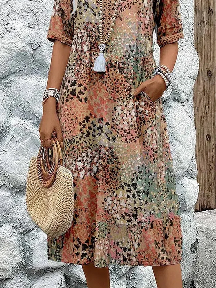 Women's A-line V-neck floral print midi dress, comfortable & stylish, a versatile piece for spring & summer fashion.