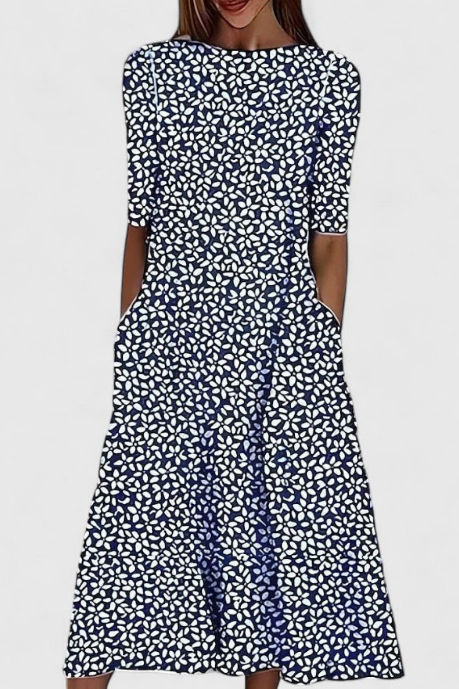 Casual women's floral midi dress, A-line fit, short sleeves, round neck & pockets for comfortable everyday summer style.