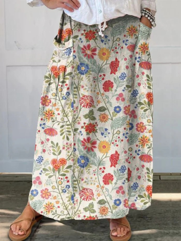 Women's floral print midi skirt with elastic waist & pockets. Perfect for summer casual wear or vacation outfits.