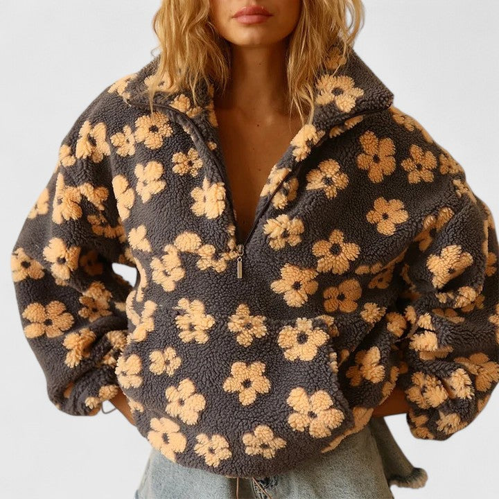 Women's floral print quarter-zip pullover sweater, cozy & stylish for autumn fashion.