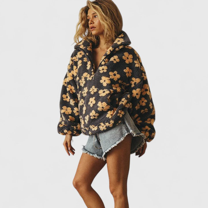 Cozy autumn women's quarter-zip sweater featuring an elegant floral design for casual wear.