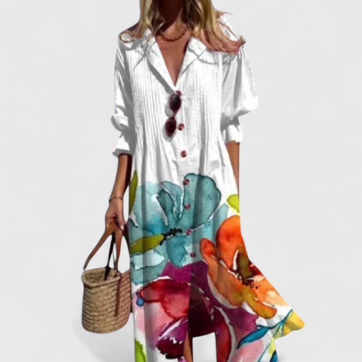 Vibrant floral print midi shirtdress for women, featuring a stylish collar and delicate pintuck pleats. Perfect summer dress.