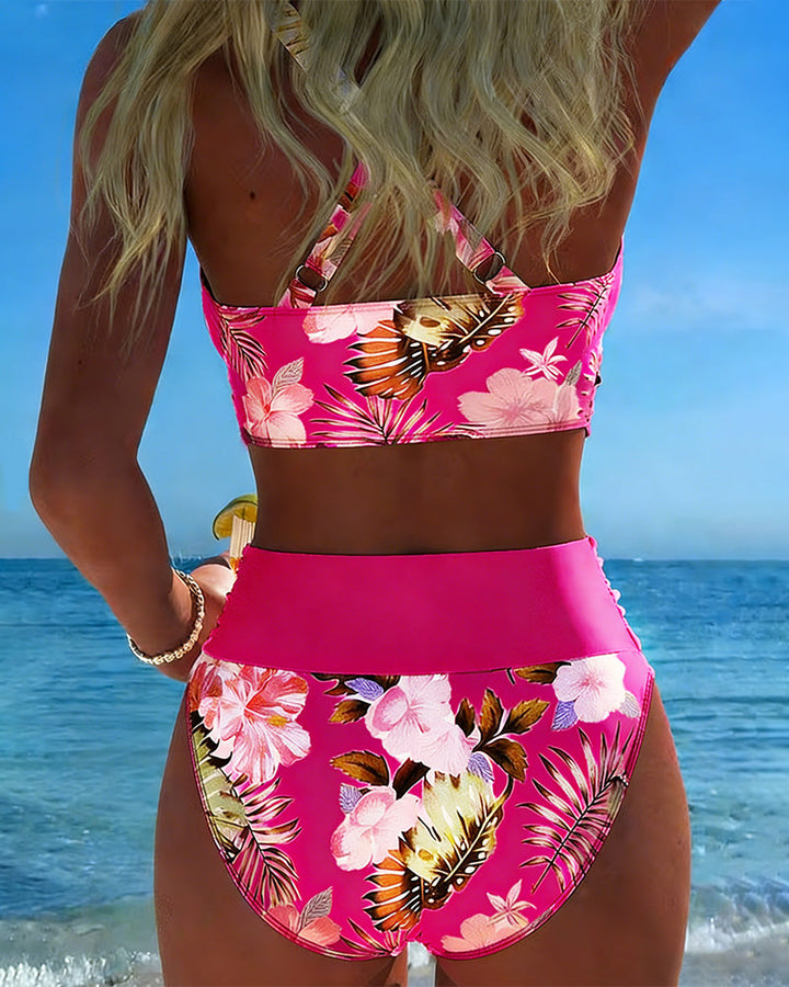 Women's two-piece floral split bikini, a beautiful swimwear choice for sunny days.