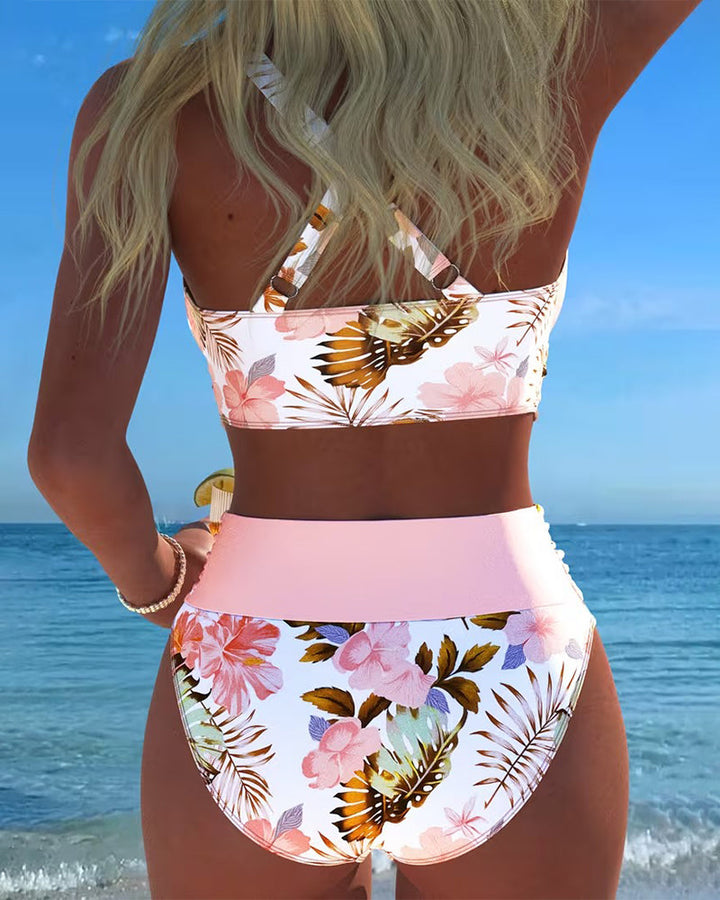 Trendy women's floral print split bikini set, perfect vacation swimwear for the beach.