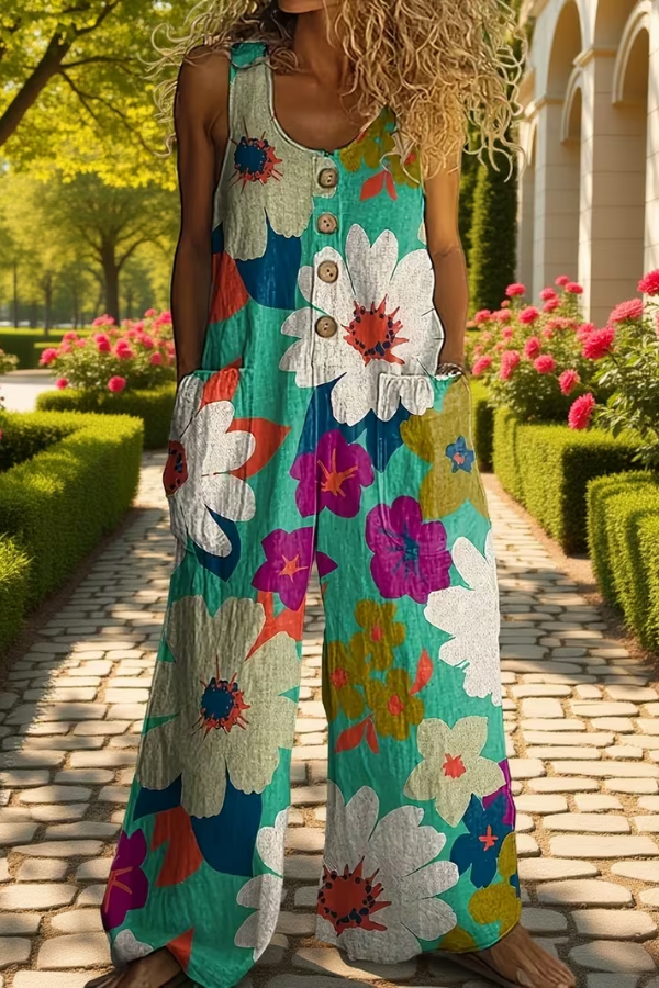 Women's floral print wide leg jumpsuit with practical pockets, ideal for summer vacation and relaxed casual wear.