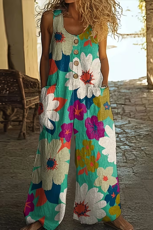 Chic women's wide leg floral jumpsuit, perfect for spring casual outfits, vacation style, or a boho chic look.