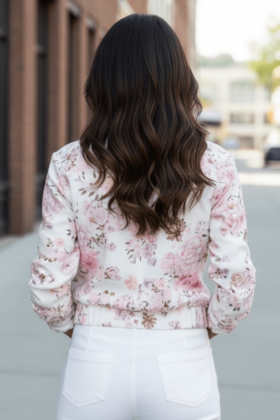 Versatile women's floral stretch jacket, perfect as transitional activewear & urban outerwear. Zipper front.
