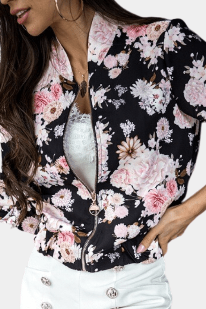 Elegant women's floral stretch jacket with a comfortable slim fit. A fashionable statement piece for activewear.