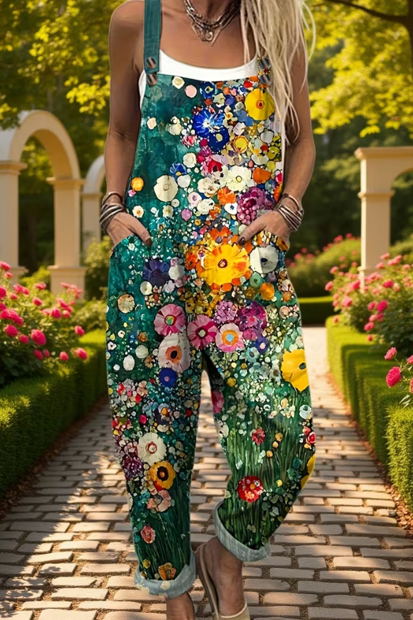 Women's floral suspender jumpsuit with relaxed fit, perfect for casual spring & summer comfort. Features strappy design.
