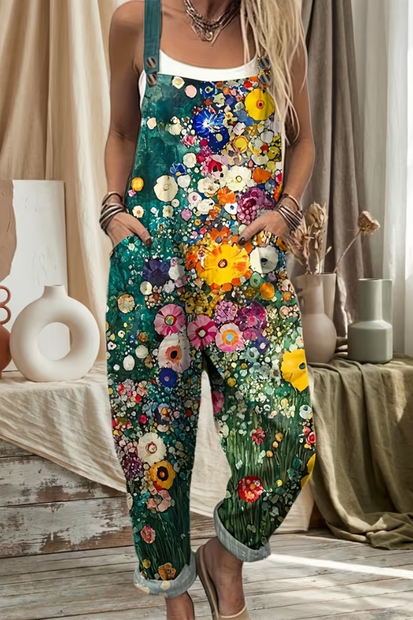 Comfortable women's floral suspender jumpsuit in a relaxed fit, great for everyday spring & summer fashion.