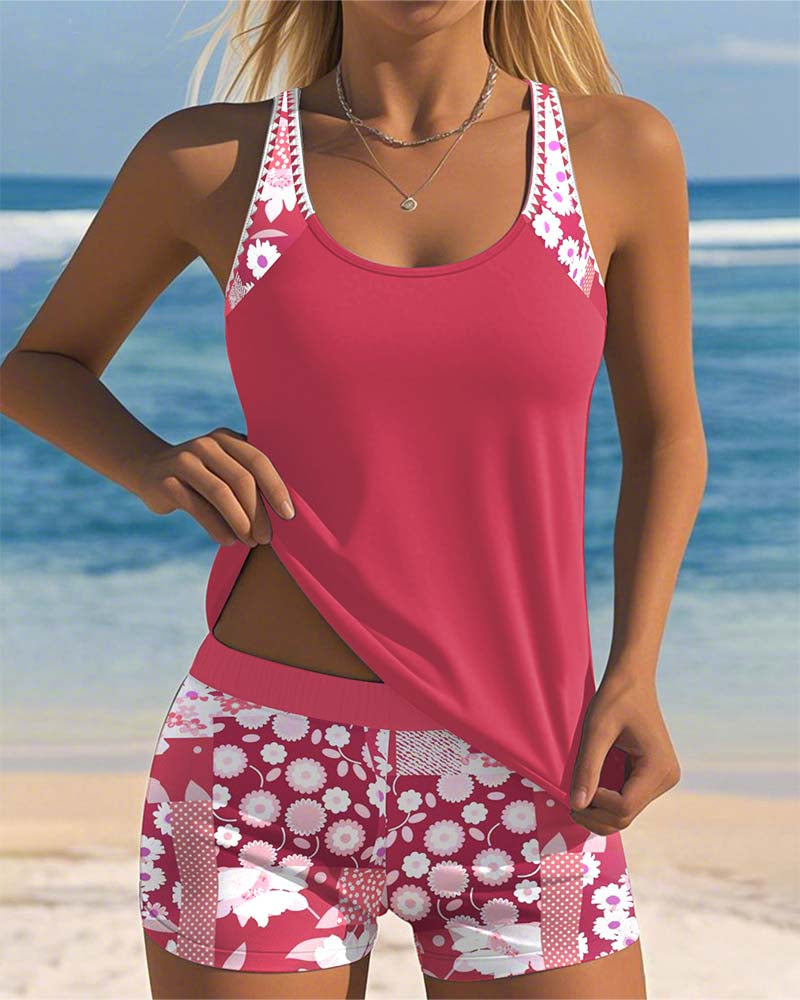 Women's Floral Tankini Swimsuit with Shorts for beach vacations & poolside fun. Modest two-piece women's swimwear.