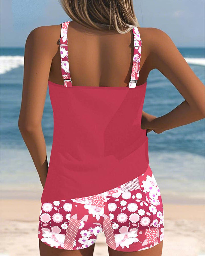 Modest women's floral tankini swimsuit set with swim shorts, ideal two-piece beachwear for summer.