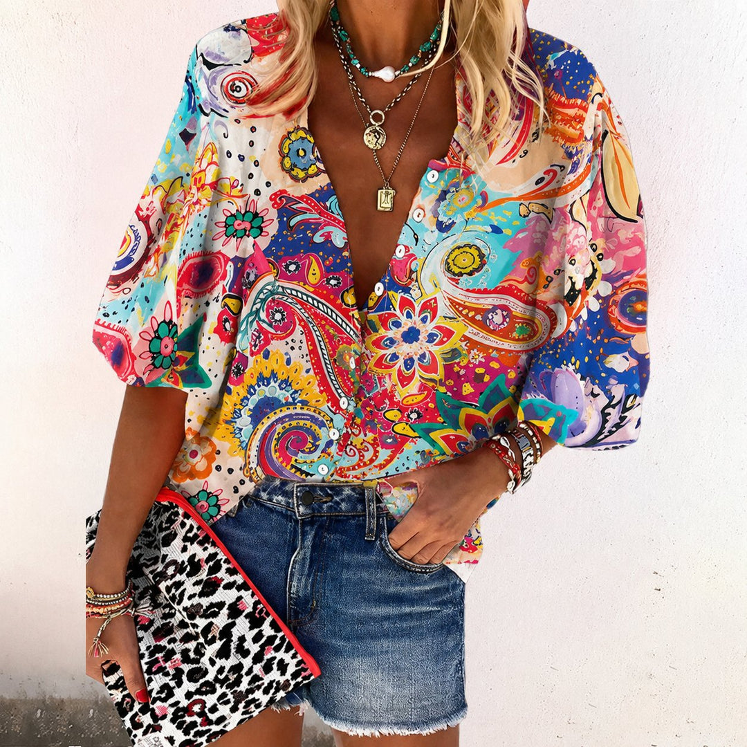 Bohemian women's short sleeve floral blouse with V-neck & button front, ideal for spring & summer casual wear.