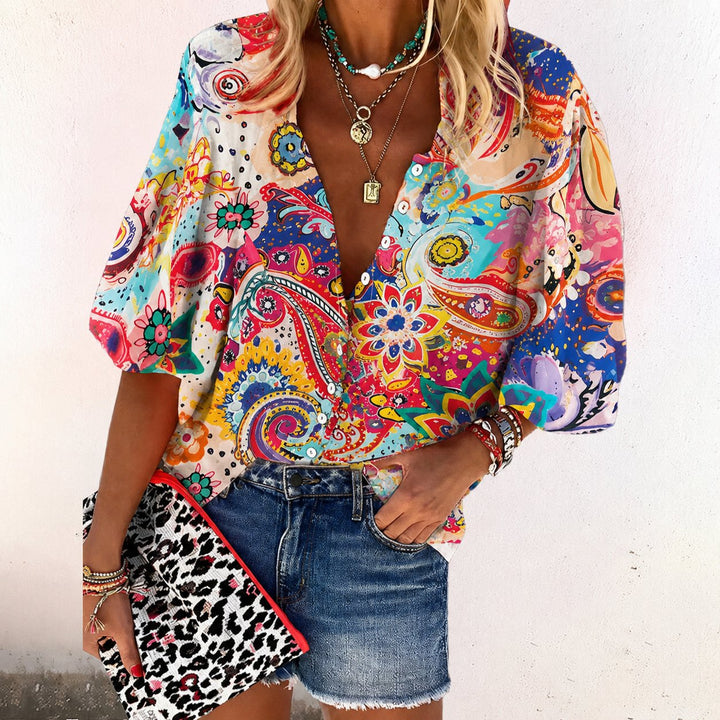 Bohemian women's short sleeve floral blouse with V-neck & button front, ideal for spring & summer casual wear.