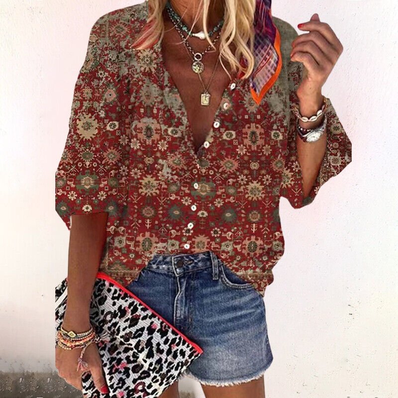 Women's casual floral short sleeve V-neck top with button front, perfect as a vacation or spring outfit.