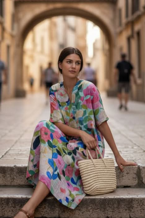 Elegant women's floral midi dress with a flattering V-neck, ideal for sophisticated summer events or casual outings.