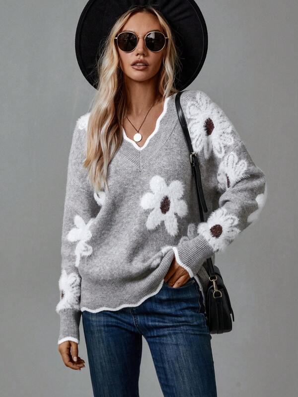 Stylish women's floral V-neck sweater, perfect for a cozy, relaxed fit and elegant casual autumn wear.