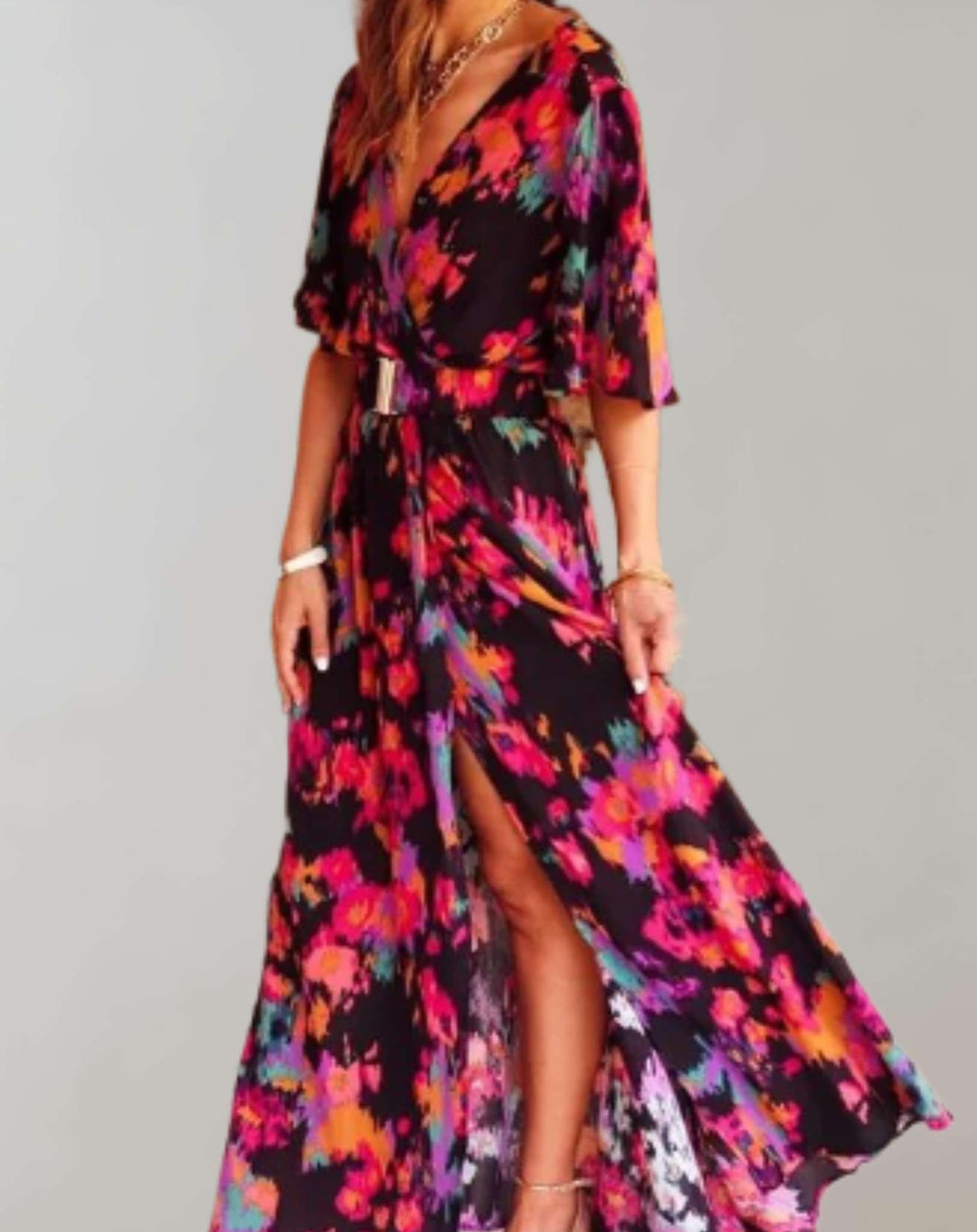Elegant women's floral printed wrap maxi dress, perfect for spring, summer, casual, and vacation styles.