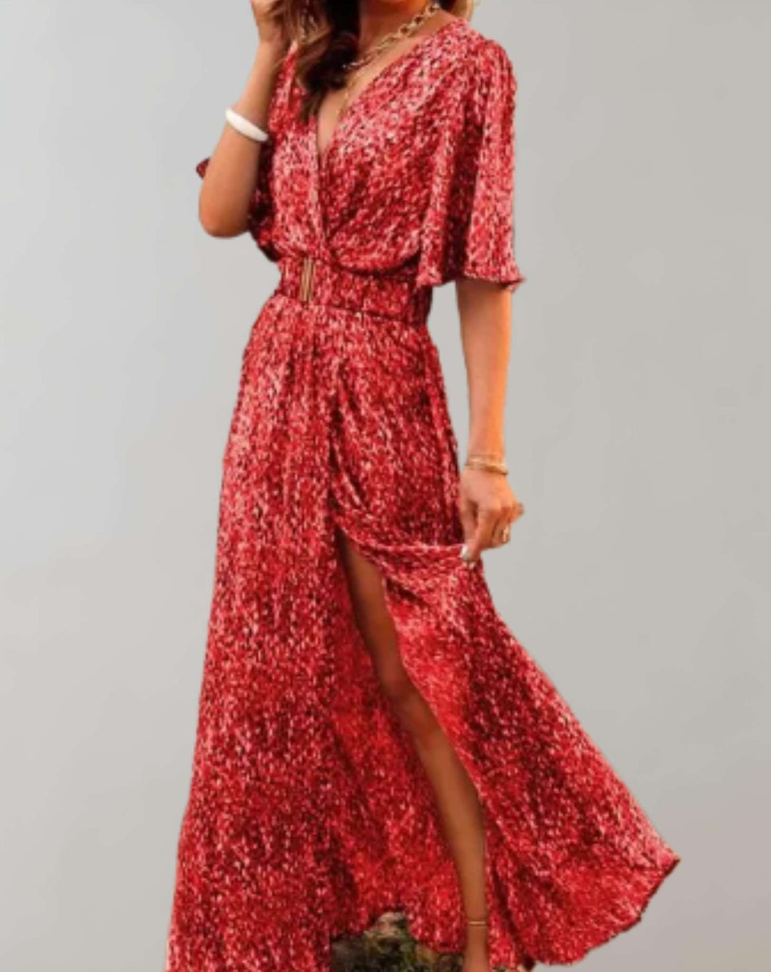 Stylish women's floral wrap maxi dress, a must-have for summer fashion, featuring a trendy side slit and v-neck.