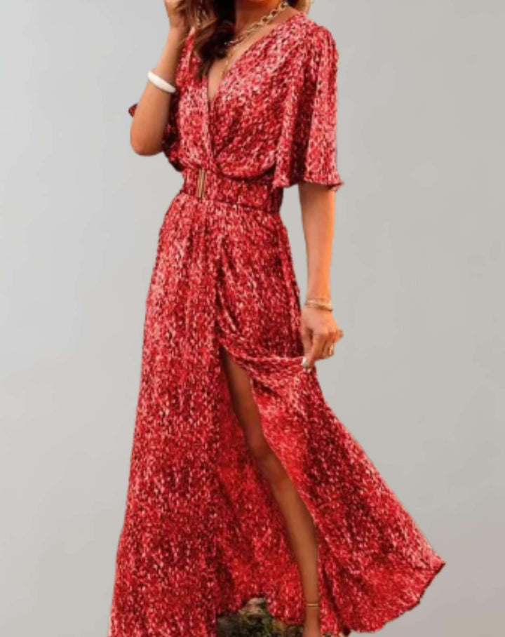 Stylish women's floral wrap maxi dress, a must-have for summer fashion, featuring a trendy side slit and v-neck.